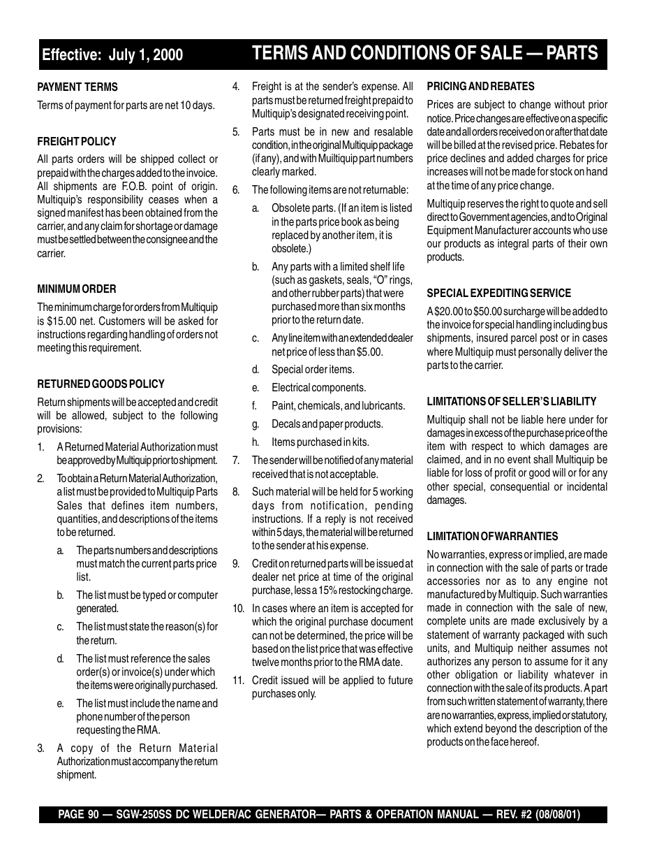 Terms and conditions of sale — parts | Multiquip MQ Power Whisperweld DC Welder/AC Generator SGW-250SS User Manual | Page 90 / 92