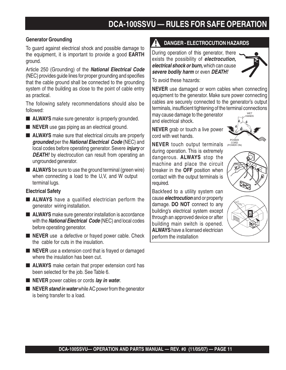 1dca-100ssvu — rules for safe operation | Multiquip MQ Power Whisperwatt 60 Hz Generator DCA-100SSVU User Manual | Page 11 / 90