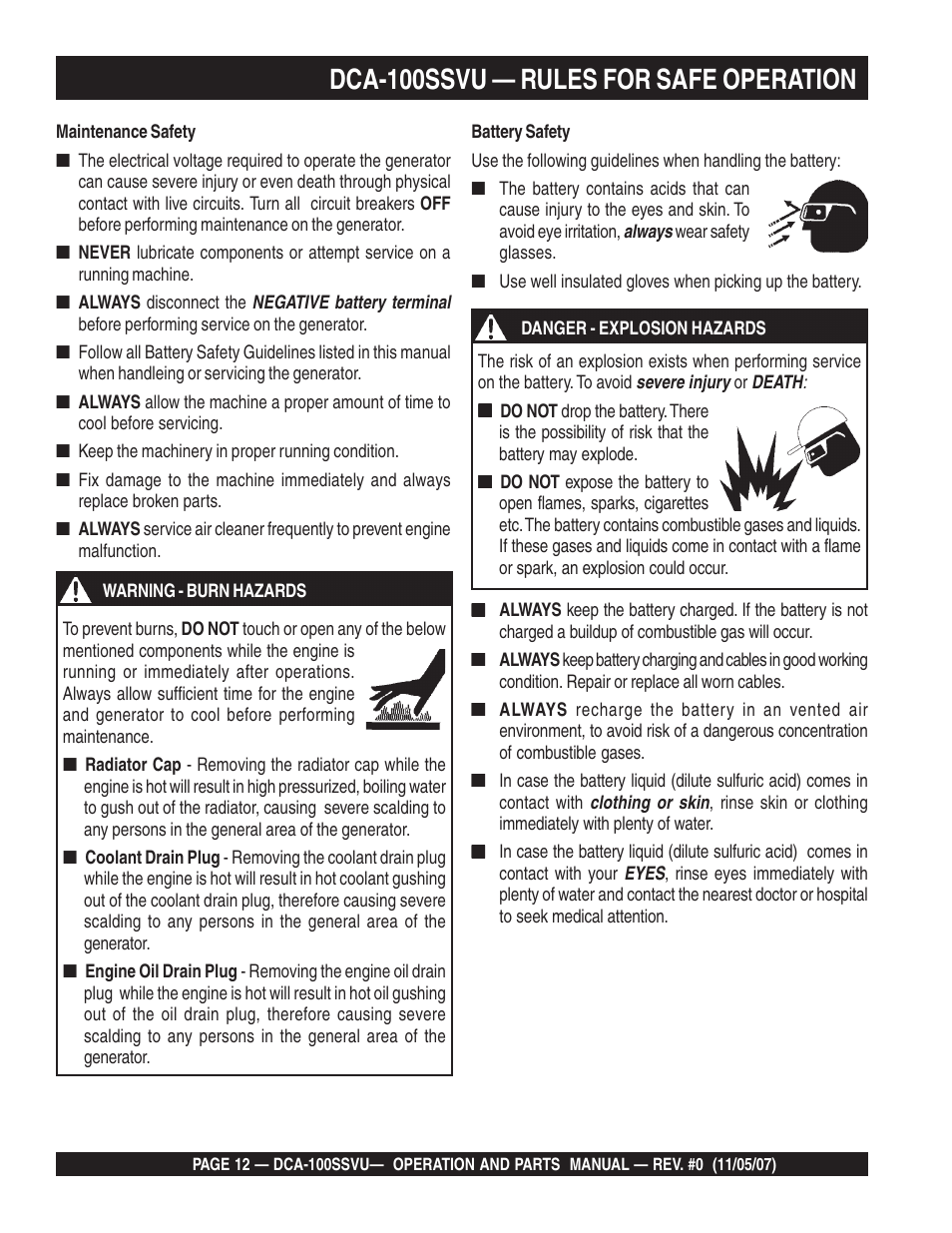 Dca-100ssvu — rules for safe operation | Multiquip MQ Power Whisperwatt 60 Hz Generator DCA-100SSVU User Manual | Page 12 / 90