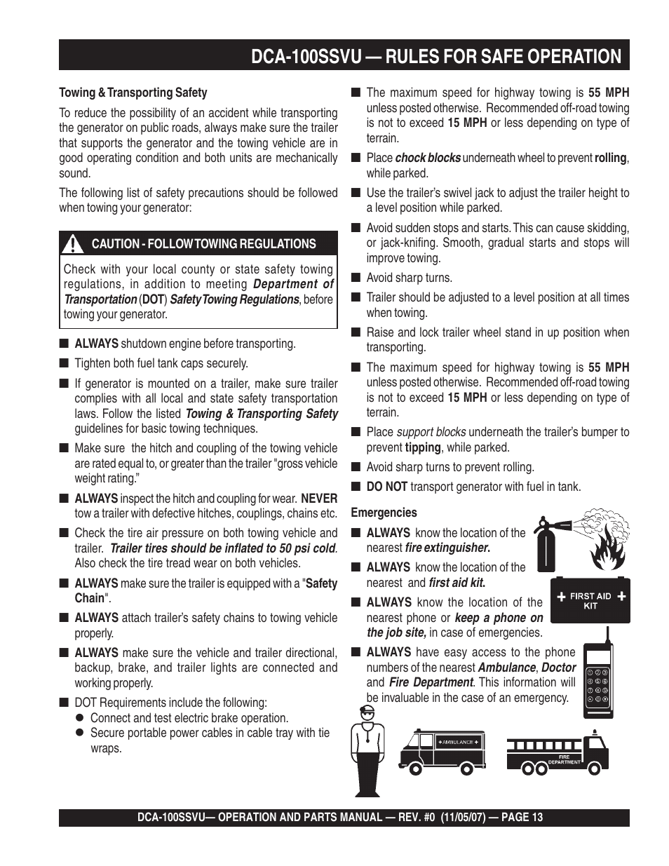 Dca-100ssvu — rules for safe operation | Multiquip MQ Power Whisperwatt 60 Hz Generator DCA-100SSVU User Manual | Page 13 / 90
