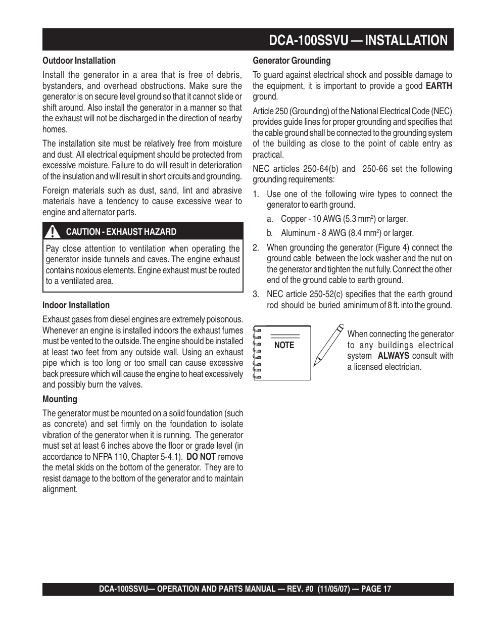 Dca-100ssvu — installation | Multiquip MQ Power Whisperwatt 60 Hz Generator DCA-100SSVU User Manual | Page 17 / 90