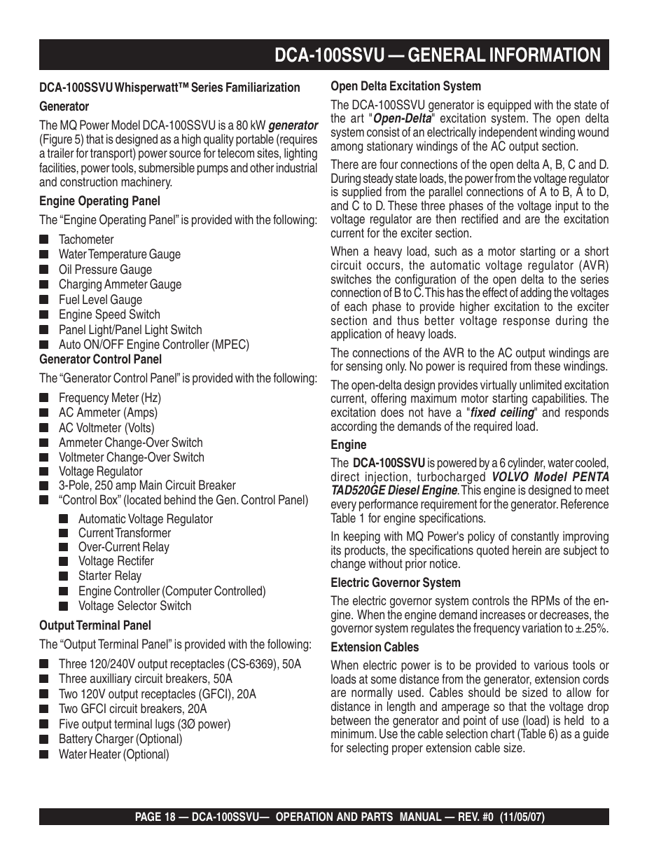 Dca-100ssvu — general information | Multiquip MQ Power Whisperwatt 60 Hz Generator DCA-100SSVU User Manual | Page 18 / 90