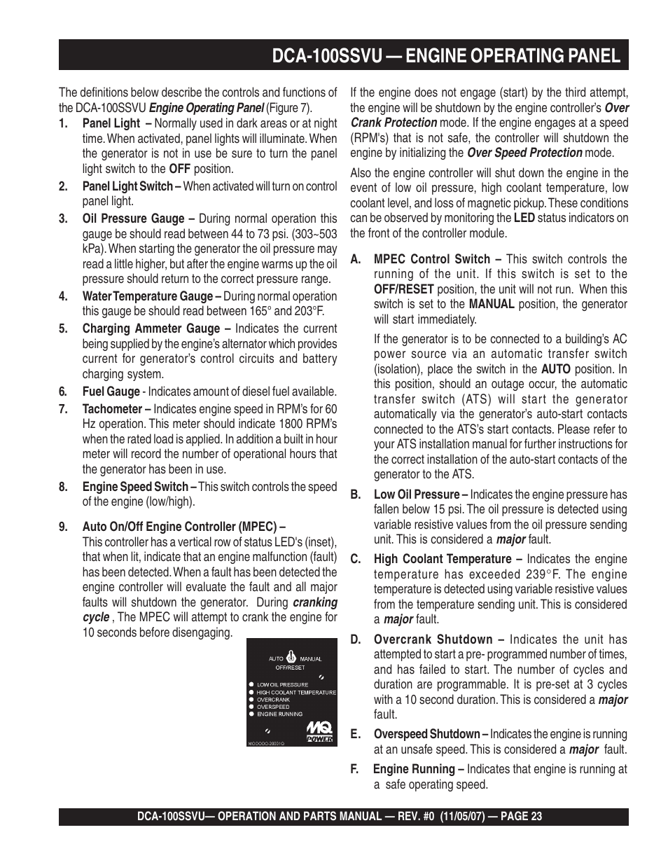 1dca-100ssvu — engine operating panel | Multiquip MQ Power Whisperwatt 60 Hz Generator DCA-100SSVU User Manual | Page 23 / 90