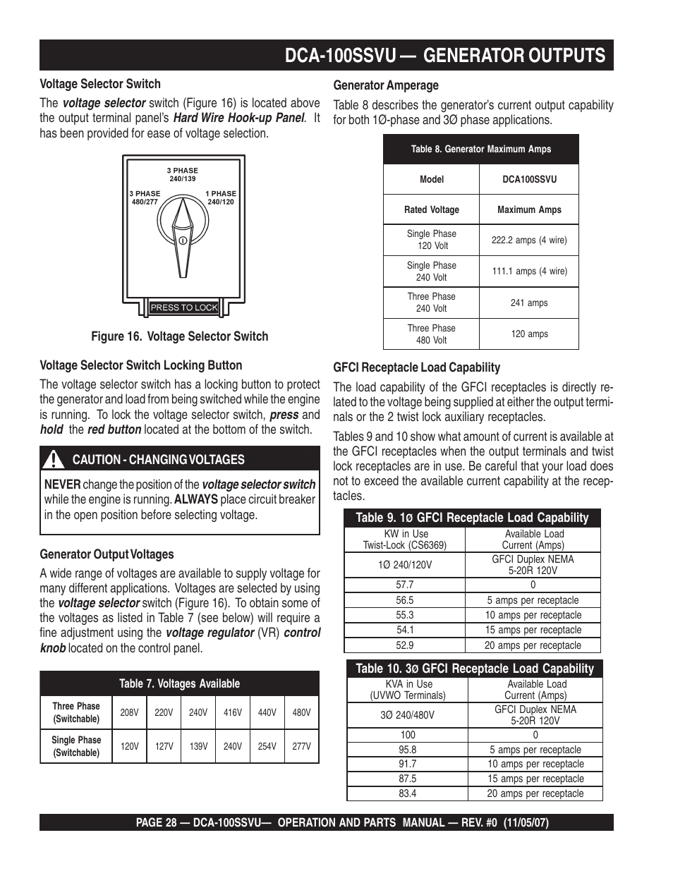 Dca-100ssvu — generator outputs | Multiquip MQ Power Whisperwatt 60 Hz Generator DCA-100SSVU User Manual | Page 28 / 90