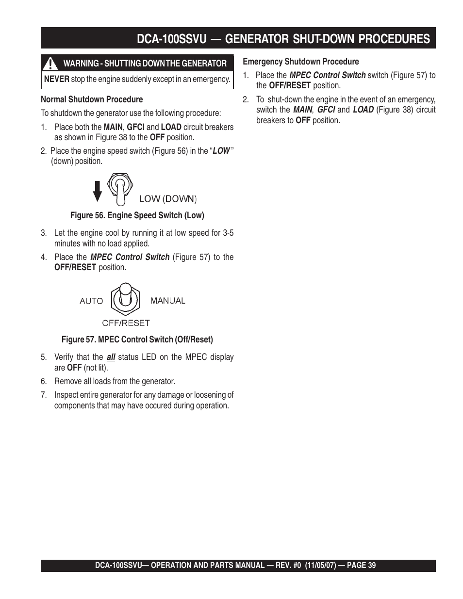 Dca-100ssvu — generator shut-down procedures | Multiquip MQ Power Whisperwatt 60 Hz Generator DCA-100SSVU User Manual | Page 39 / 90