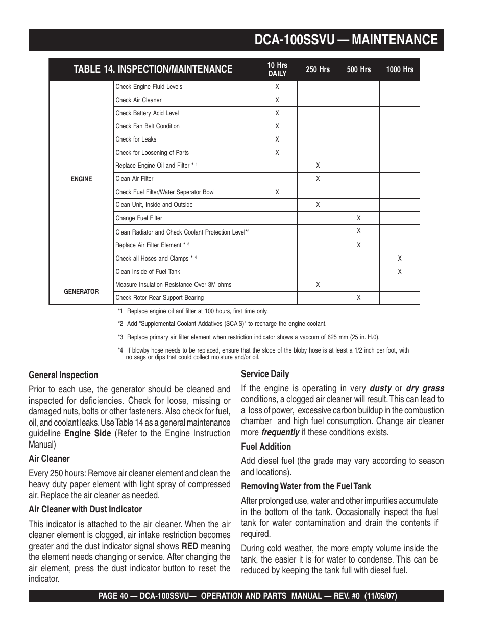 Dca-100ssvu — maintenance | Multiquip MQ Power Whisperwatt 60 Hz Generator DCA-100SSVU User Manual | Page 40 / 90