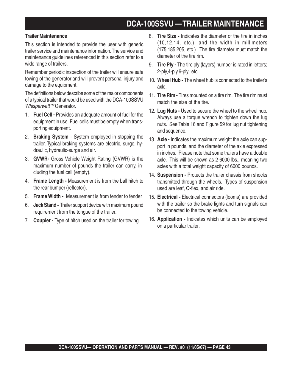 1dca-100ssvu — trailer maintenance | Multiquip MQ Power Whisperwatt 60 Hz Generator DCA-100SSVU User Manual | Page 43 / 90