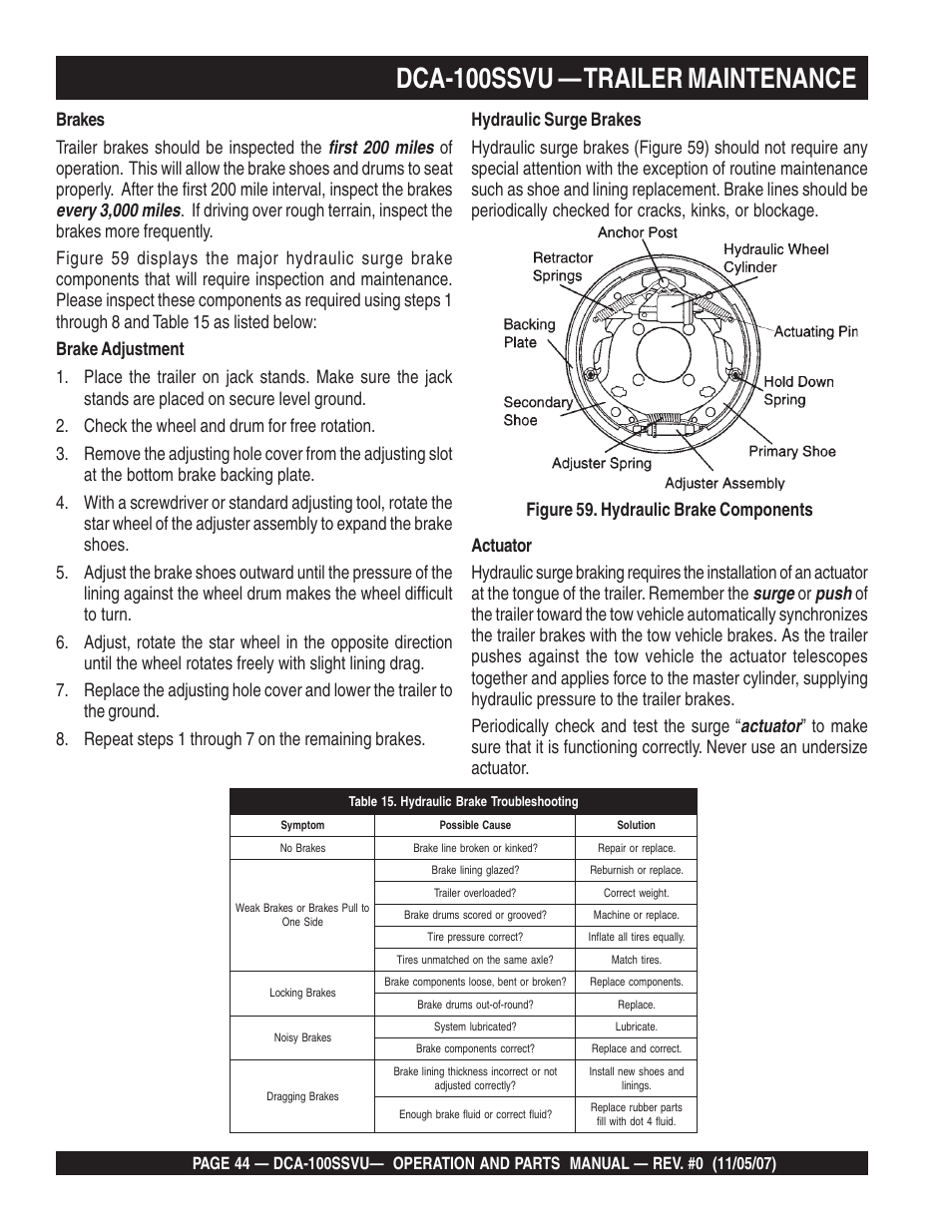 Dca-100ssvu — trailer maintenance | Multiquip MQ Power Whisperwatt 60 Hz Generator DCA-100SSVU User Manual | Page 44 / 90