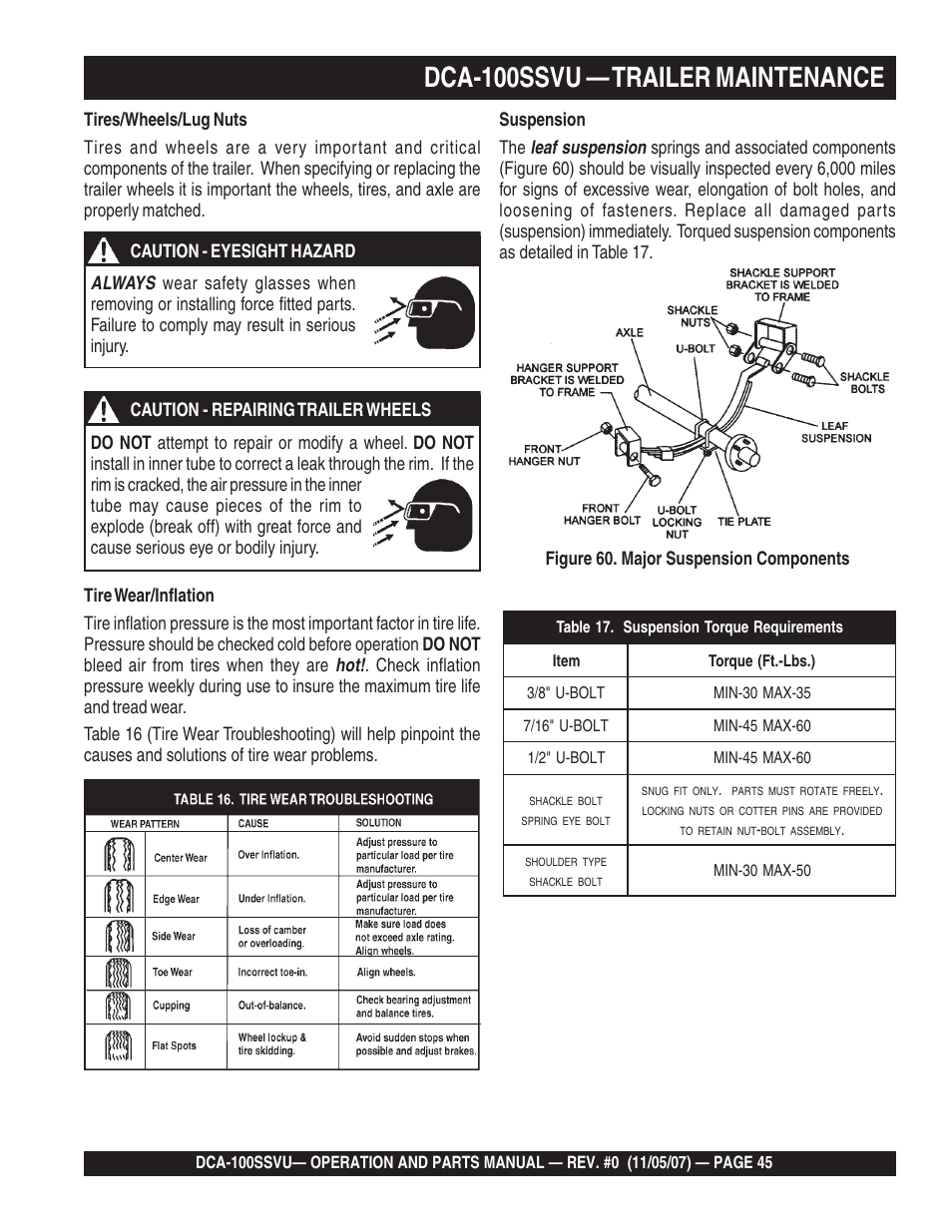 Dca-100ssvu — trailer maintenance | Multiquip MQ Power Whisperwatt 60 Hz Generator DCA-100SSVU User Manual | Page 45 / 90