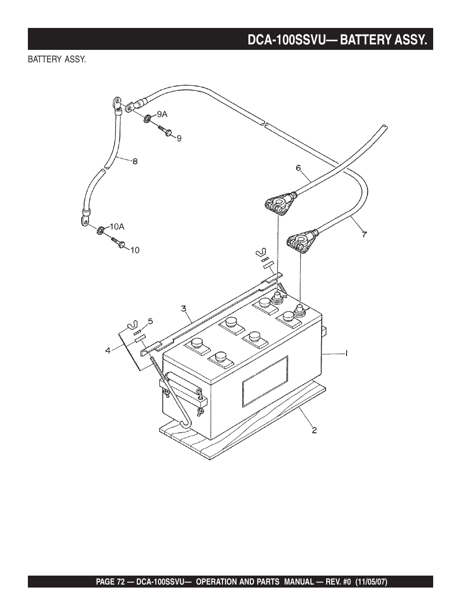 Dca-100ssvu— battery assy | Multiquip MQ Power Whisperwatt 60 Hz Generator DCA-100SSVU User Manual | Page 72 / 90