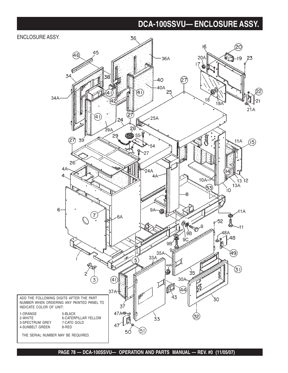 Dca-100ssvu— enclosure assy, Enclosure assy | Multiquip MQ Power Whisperwatt 60 Hz Generator DCA-100SSVU User Manual | Page 78 / 90