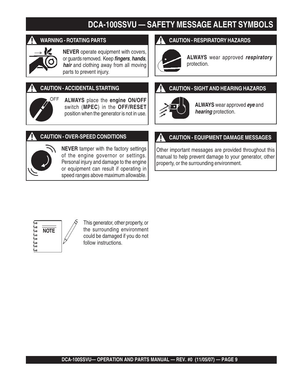 1dca-100ssvu — safety message alert symbols | Multiquip MQ Power Whisperwatt 60 Hz Generator DCA-100SSVU User Manual | Page 9 / 90