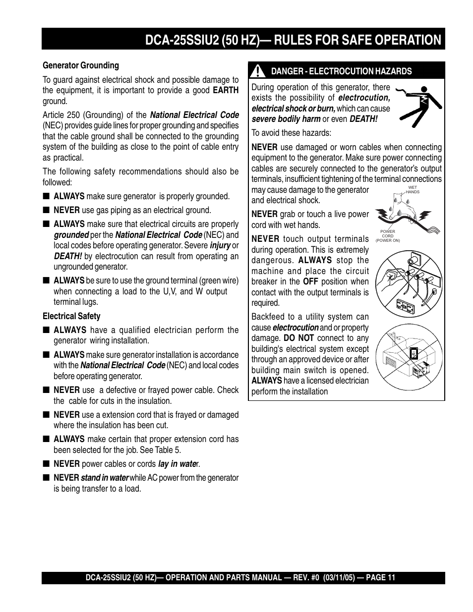 Multiquip MQ Power Whisperwatt 50 Hz Generator DCA-25SSIU2 User Manual | Page 11 / 82