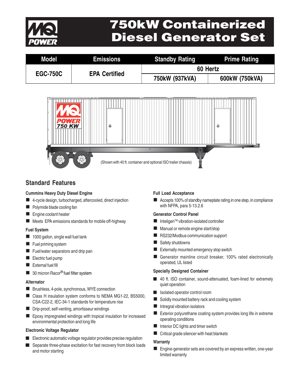 Multiquip 750kW Containerized Diesel Generator Set EGC-750C User Manual | 4 pages