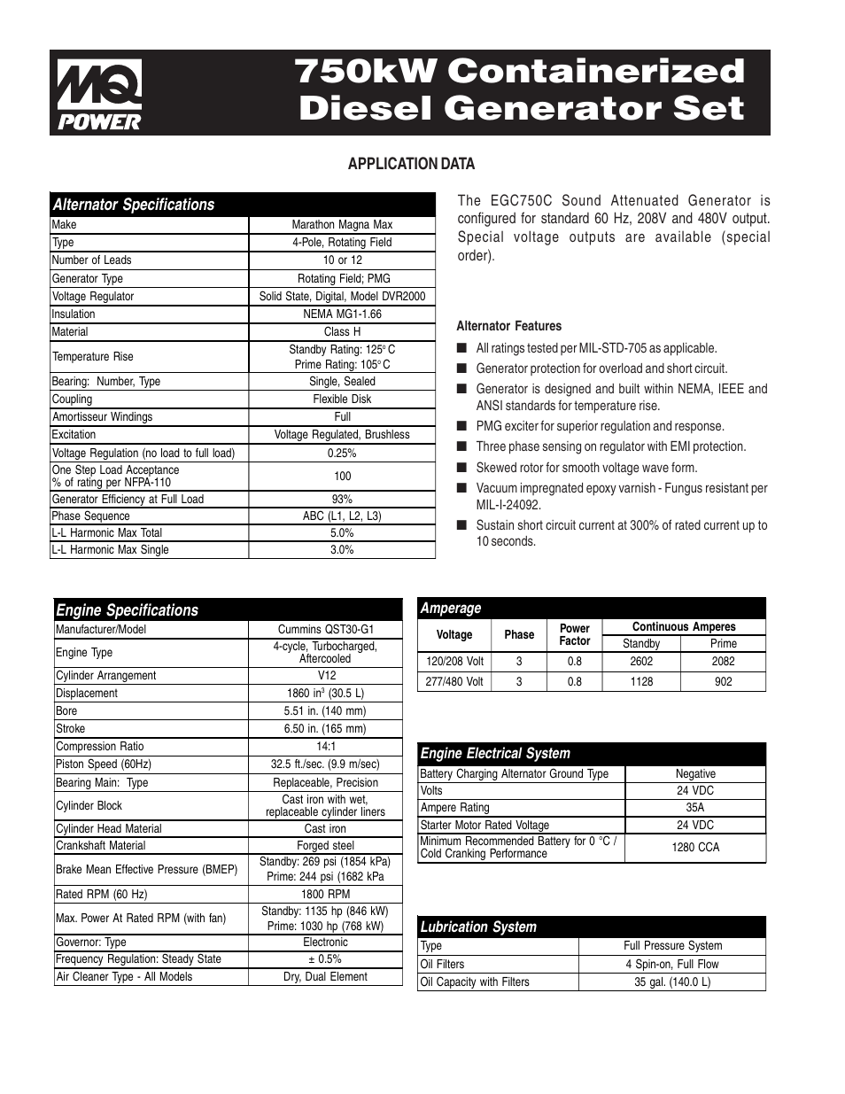 750kw containerized diesel generator set, Application data, Alternator specifications | Engine specifications | Multiquip 750kW Containerized Diesel Generator Set EGC-750C User Manual | Page 2 / 4