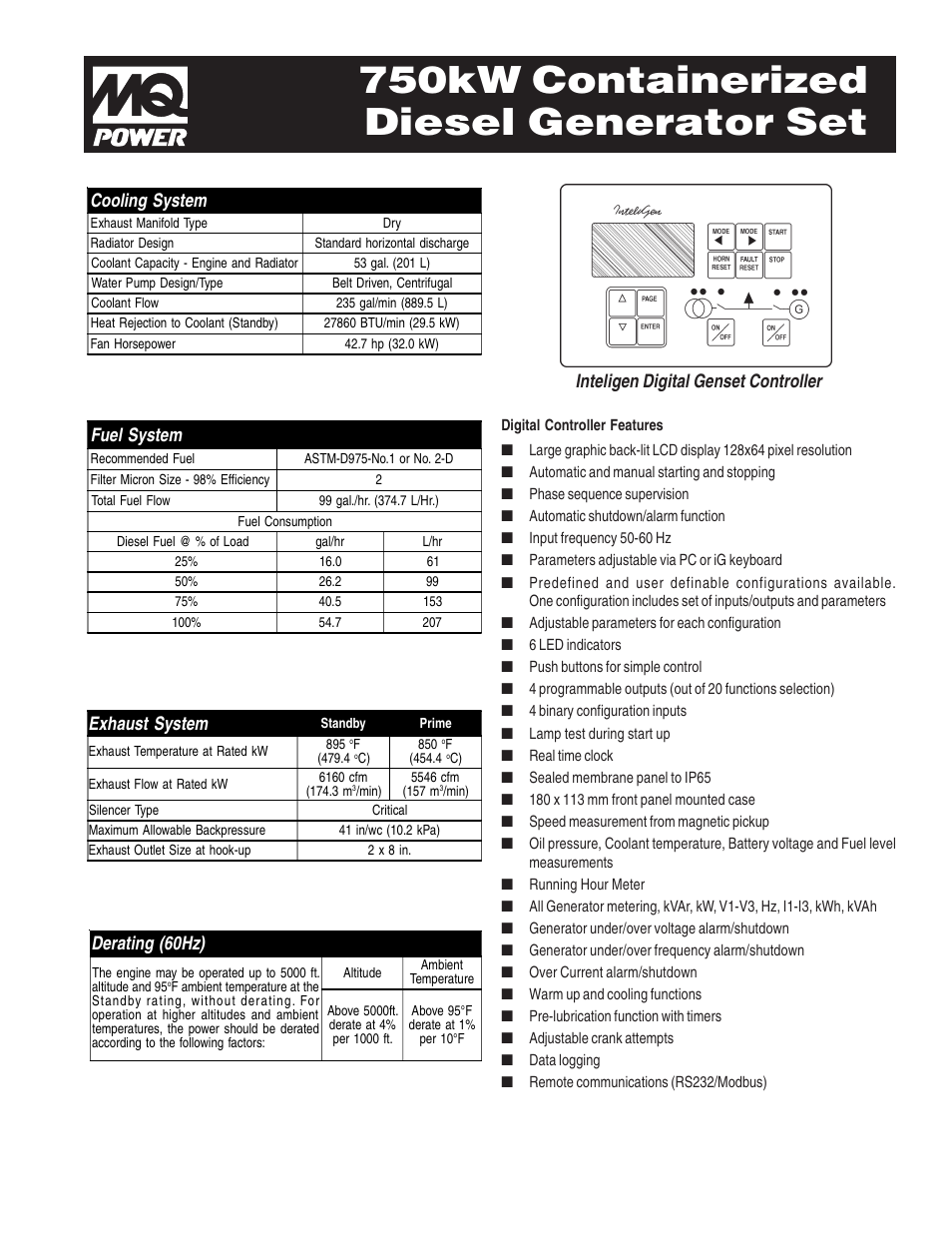 750kw containerized diesel generator set, Derating (60hz), Inteligen digital genset controller | Fuel system, Cooling system, Exhaust system | Multiquip 750kW Containerized Diesel Generator Set EGC-750C User Manual | Page 3 / 4