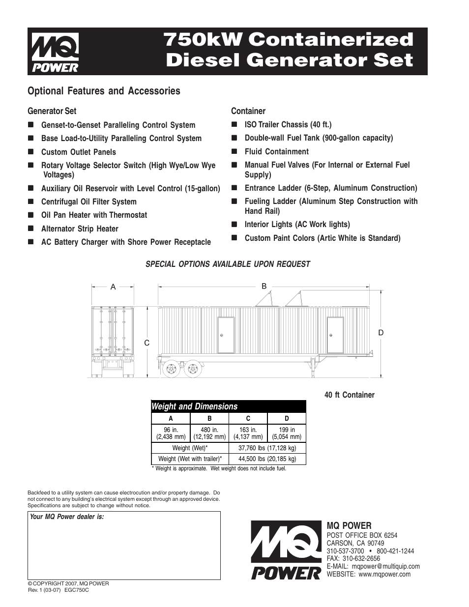 750kw containerized diesel generator set, Optional features and accessories | Multiquip 750kW Containerized Diesel Generator Set EGC-750C User Manual | Page 4 / 4