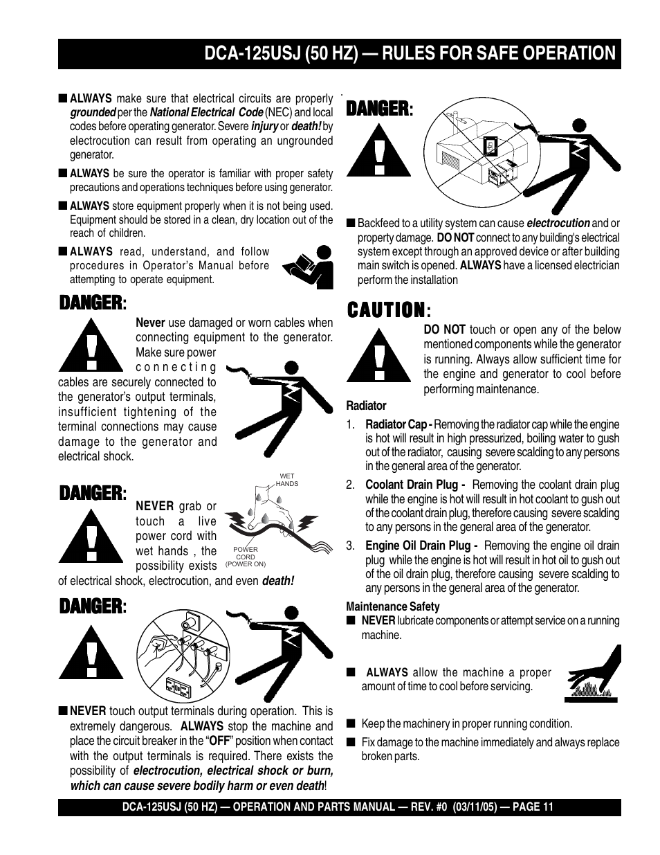 Caution, Caution caution, Danger | Danger danger: danger danger danger danger danger | Multiquip MQ Power Ultra-Silent 50 Hz Generator DCA-125USJ User Manual | Page 11 / 86