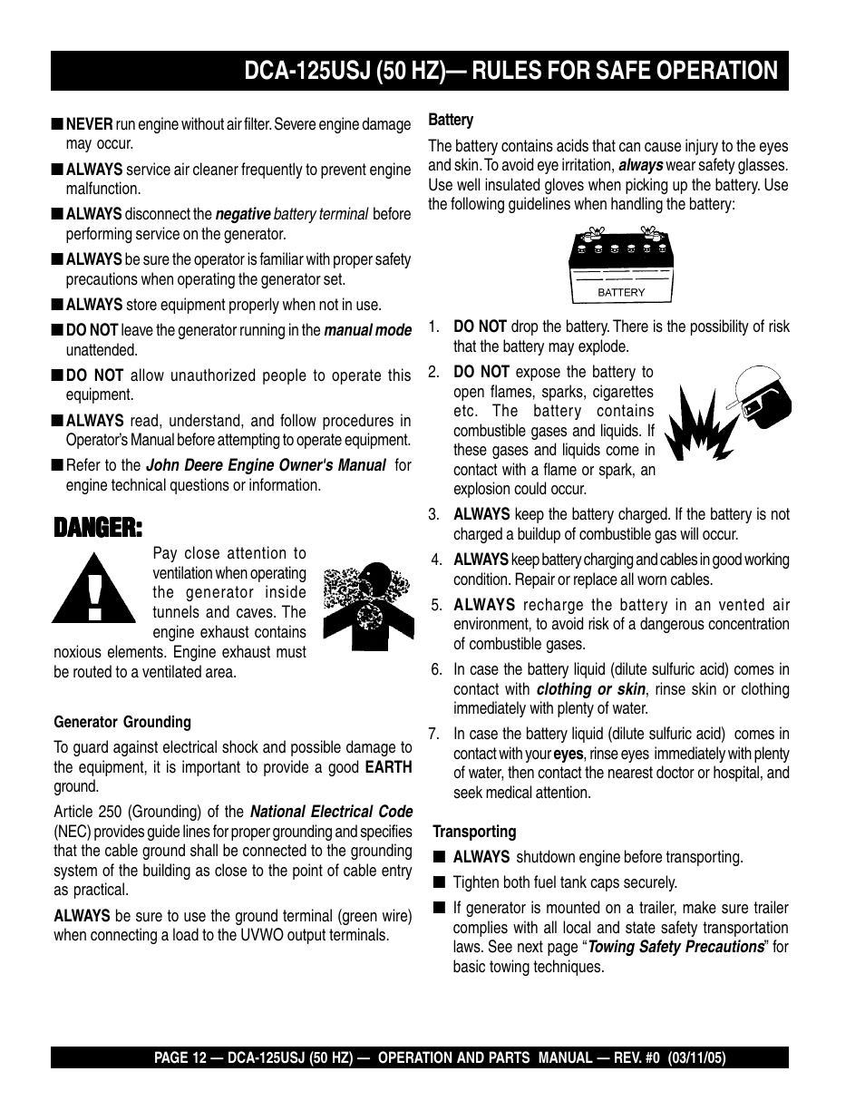 Danger | Multiquip MQ Power Ultra-Silent 50 Hz Generator DCA-125USJ User Manual | Page 12 / 86