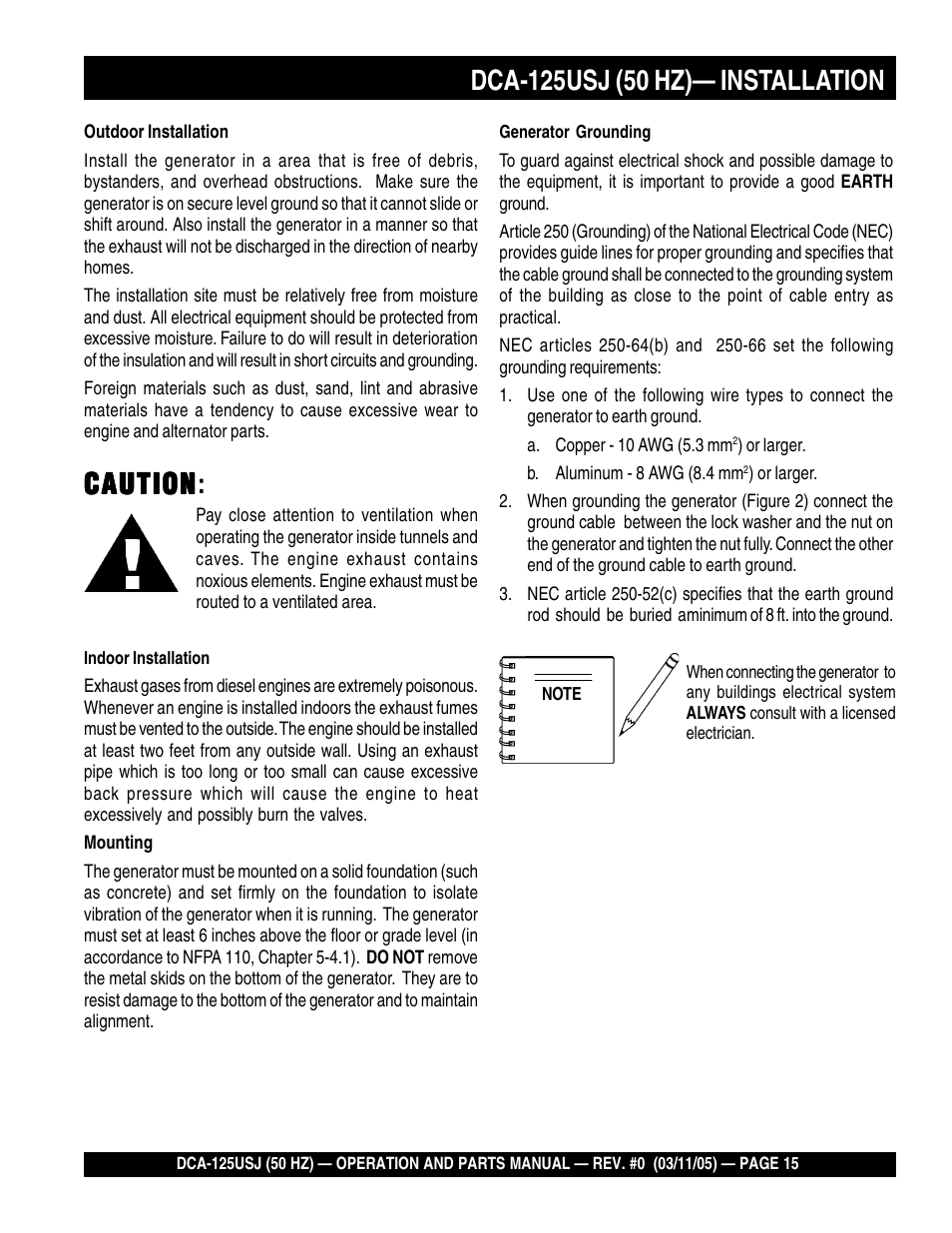 Caution, Caution caution | Multiquip MQ Power Ultra-Silent 50 Hz Generator DCA-125USJ User Manual | Page 15 / 86