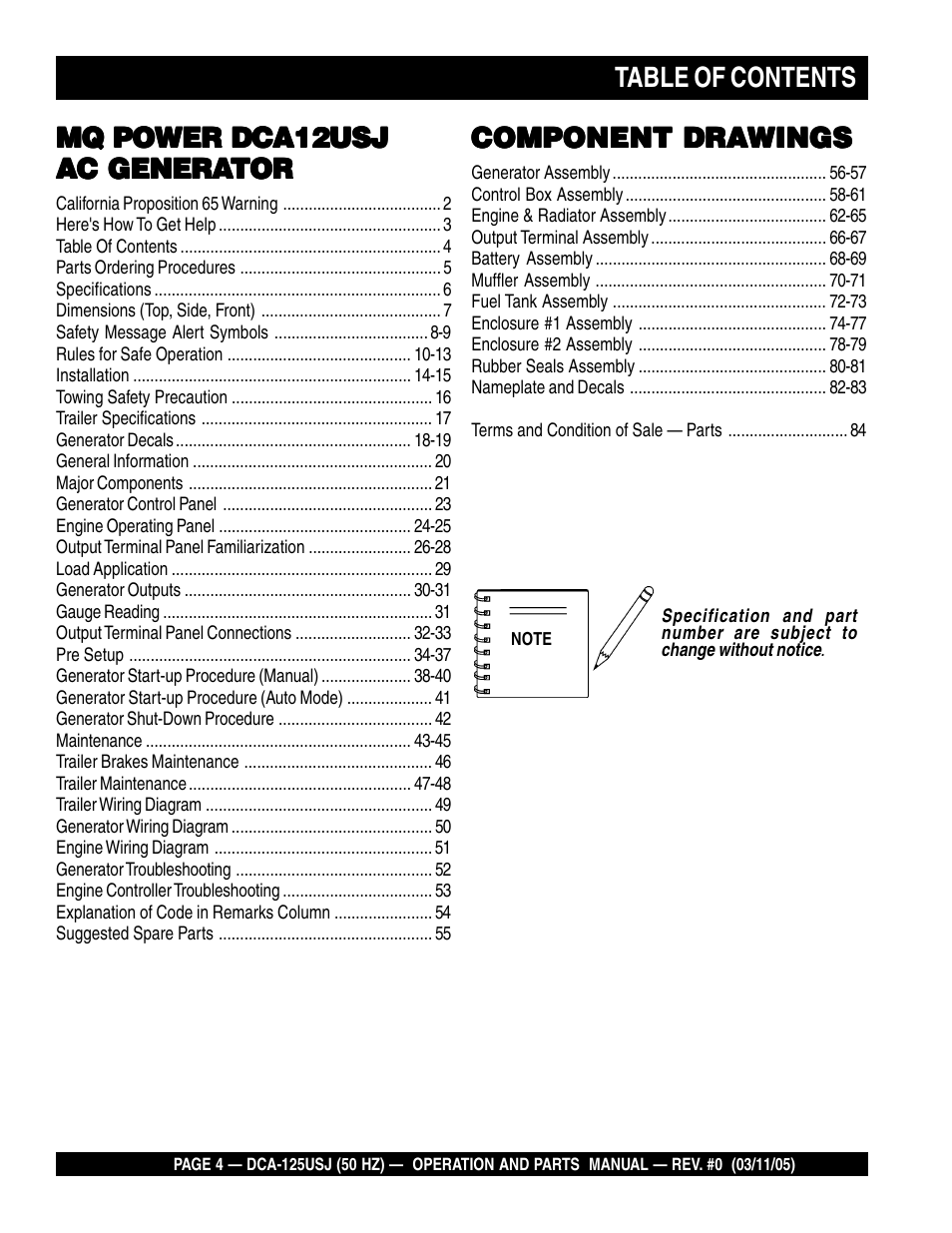 Multiquip MQ Power Ultra-Silent 50 Hz Generator DCA-125USJ User Manual | Page 4 / 86