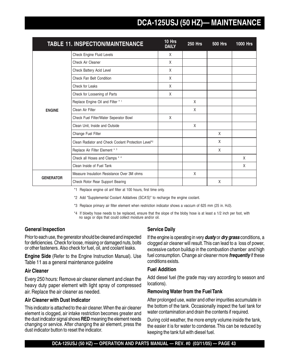 Service daily, Dusty, Dry grass | Frequently, Fuel addition, Removing water from the fuel tank, General inspection, Engine side, If the engine is operating in very, If these conditions exists | Multiquip MQ Power Ultra-Silent 50 Hz Generator DCA-125USJ User Manual | Page 43 / 86