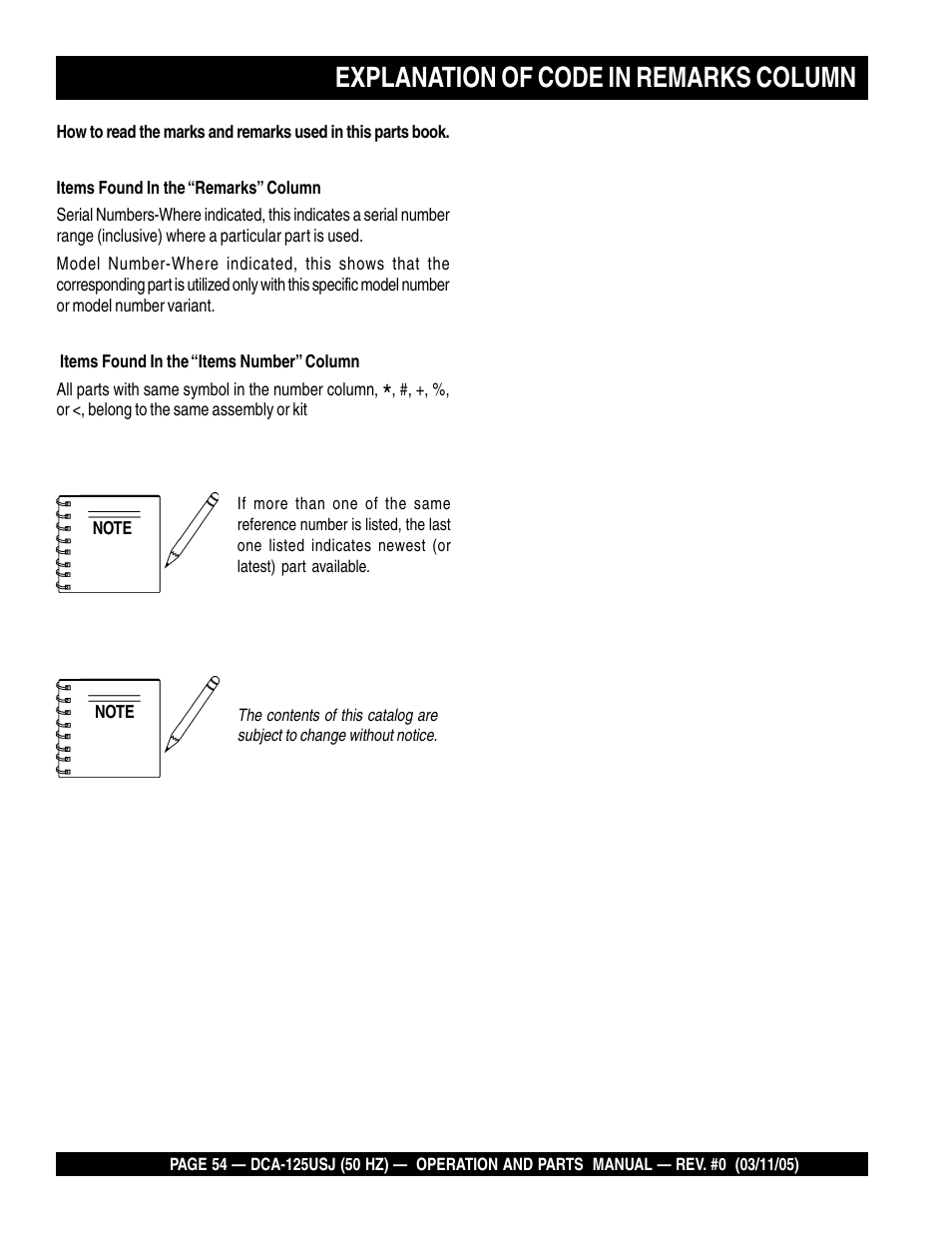Explanation of code in remarks column | Multiquip MQ Power Ultra-Silent 50 Hz Generator DCA-125USJ User Manual | Page 54 / 86
