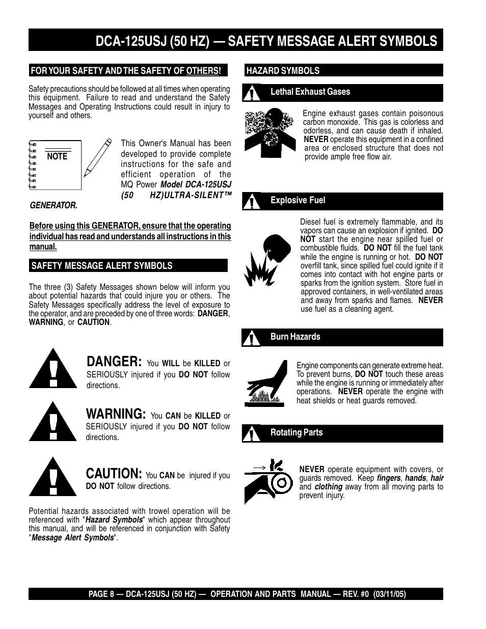 Danger, Warning, Caution | Safety message alert symbols | Multiquip MQ Power Ultra-Silent 50 Hz Generator DCA-125USJ User Manual | Page 8 / 86