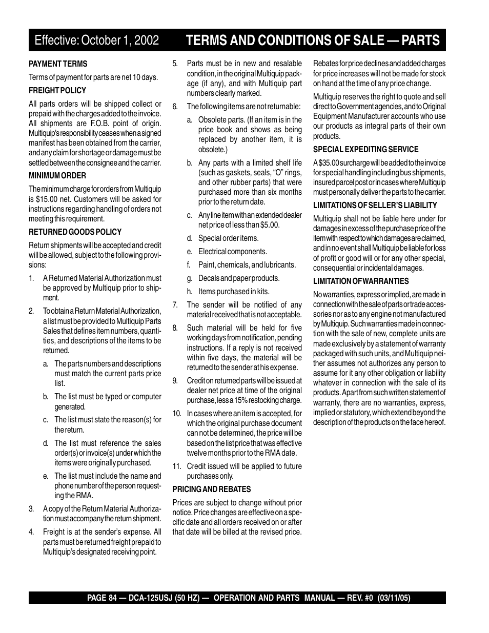 Terms and conditions of sale — parts | Multiquip MQ Power Ultra-Silent 50 Hz Generator DCA-125USJ User Manual | Page 84 / 86