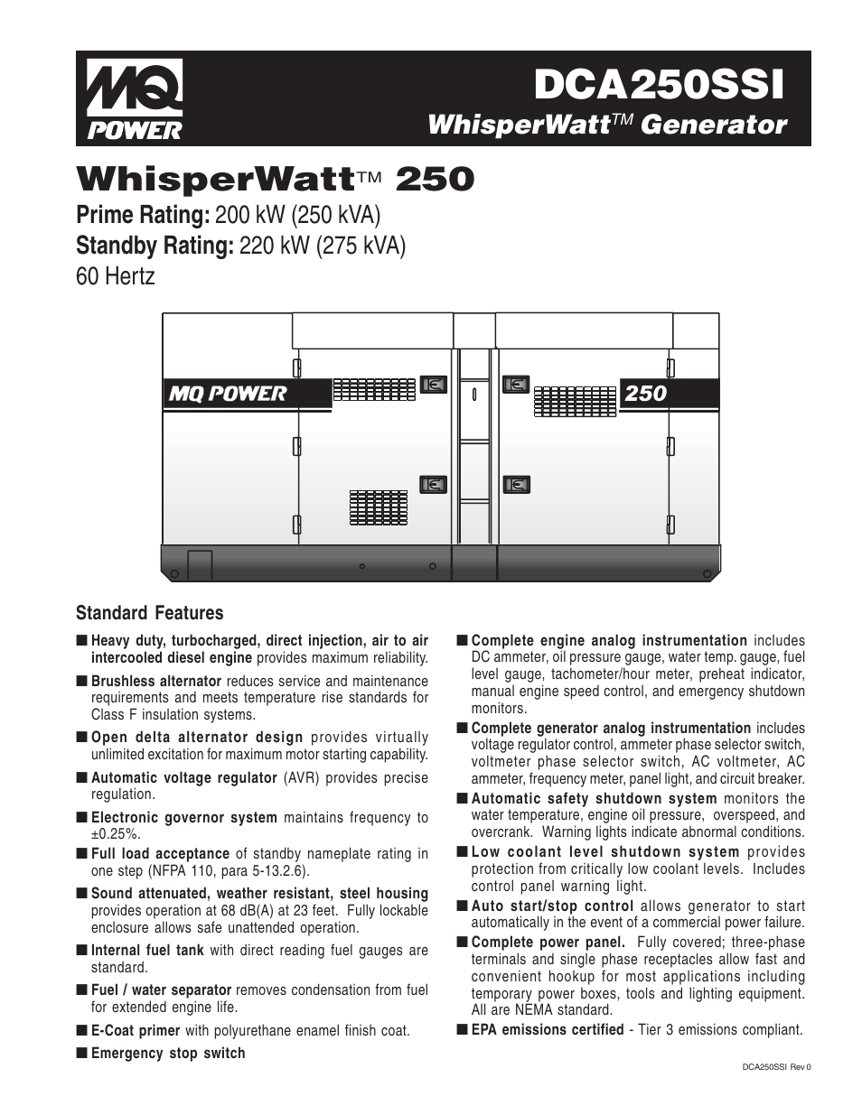 Multiquip MQ Power WhisperWatt 250 Generator DCA250SSI User Manual | 4 pages