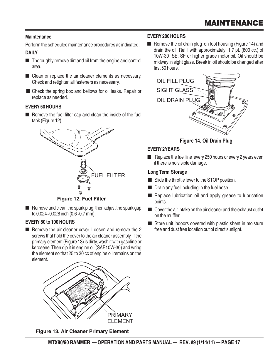 Maintenance | Multiquip Mikasa Series Tamping Rammer MTX80 User Manual | Page 17 / 66