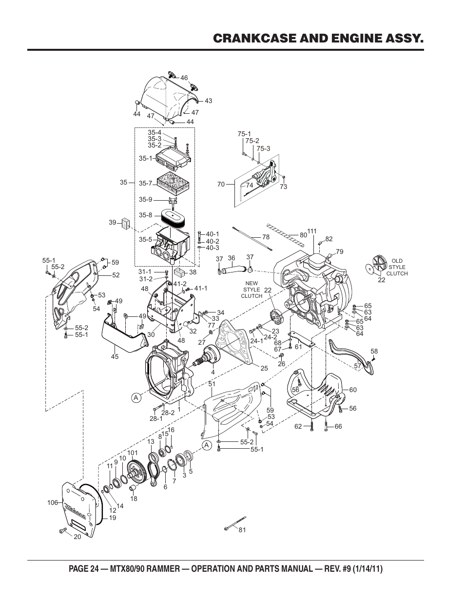Crankcase and engine assy | Multiquip Mikasa Series Tamping Rammer MTX80 User Manual | Page 24 / 66