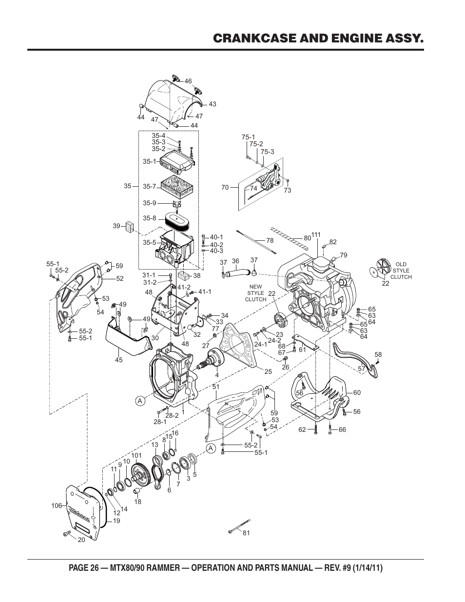Crankcase and engine assy | Multiquip Mikasa Series Tamping Rammer MTX80 User Manual | Page 26 / 66