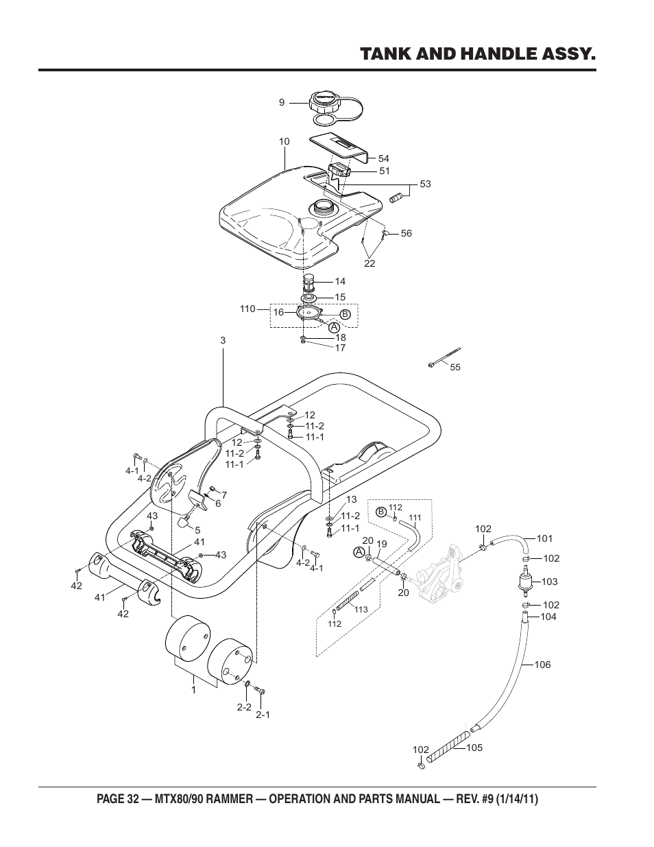 Tank and handle assy | Multiquip Mikasa Series Tamping Rammer MTX80 User Manual | Page 32 / 66