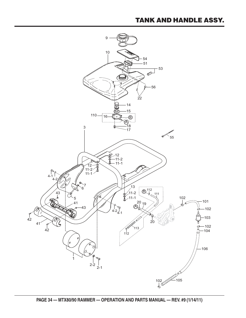 Tank and handle assy | Multiquip Mikasa Series Tamping Rammer MTX80 User Manual | Page 34 / 66