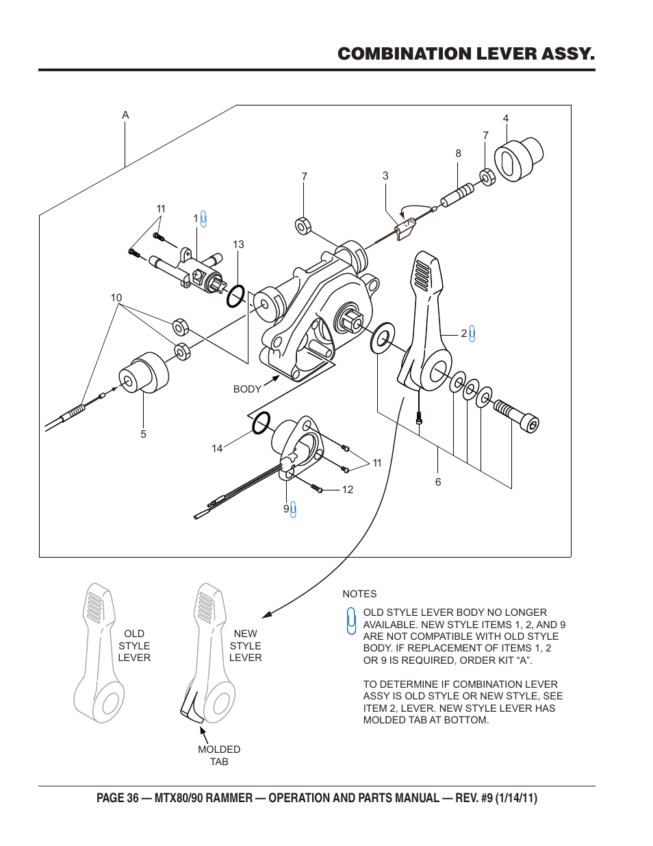 Combination lever assy | Multiquip Mikasa Series Tamping Rammer MTX80 User Manual | Page 36 / 66