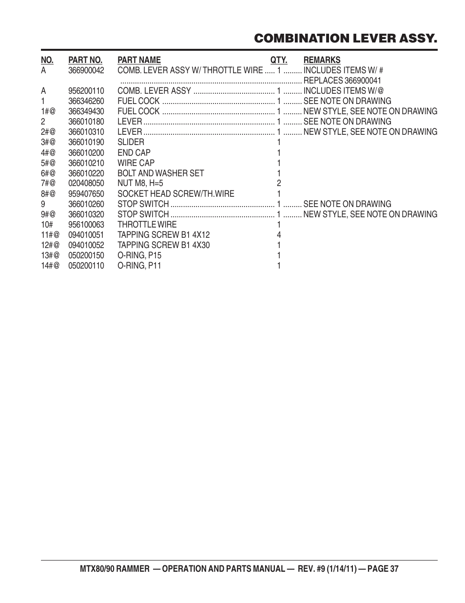 Combination lever assy | Multiquip Mikasa Series Tamping Rammer MTX80 User Manual | Page 37 / 66