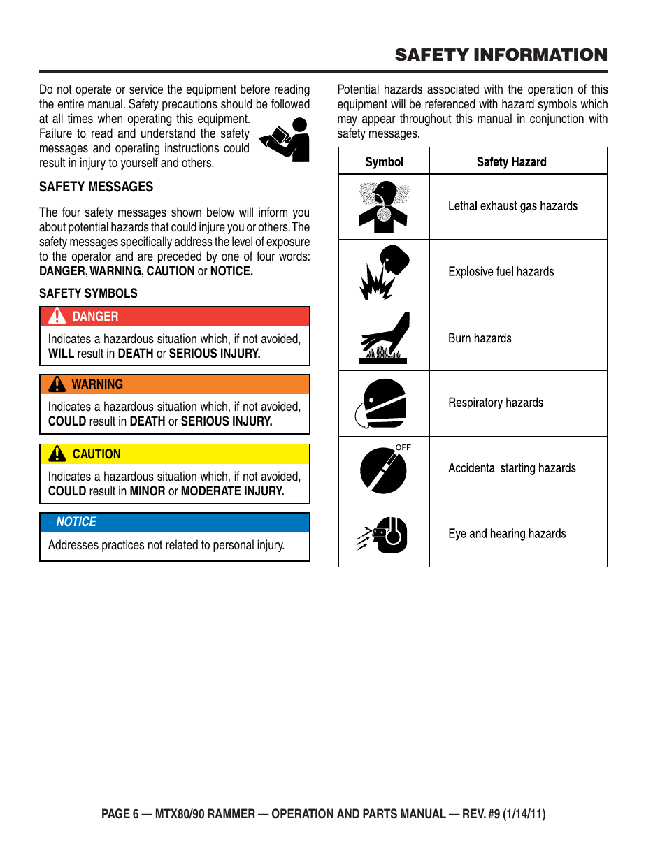 Safety information | Multiquip Mikasa Series Tamping Rammer MTX80 User Manual | Page 6 / 66