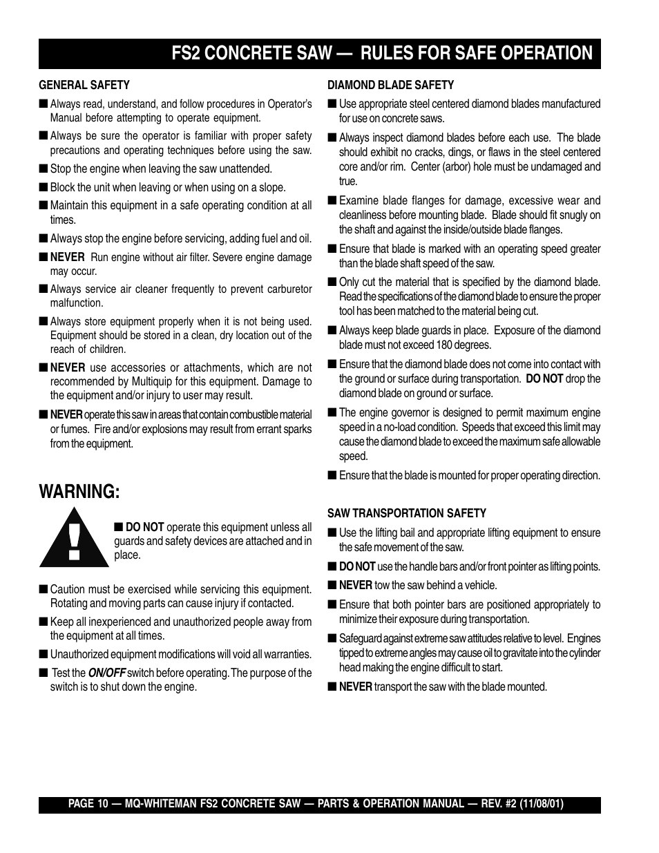 Warning, Fs2 concrete saw — rules for safe operation | Multiquip CONCRETE SAW FS2 User Manual | Page 10 / 58