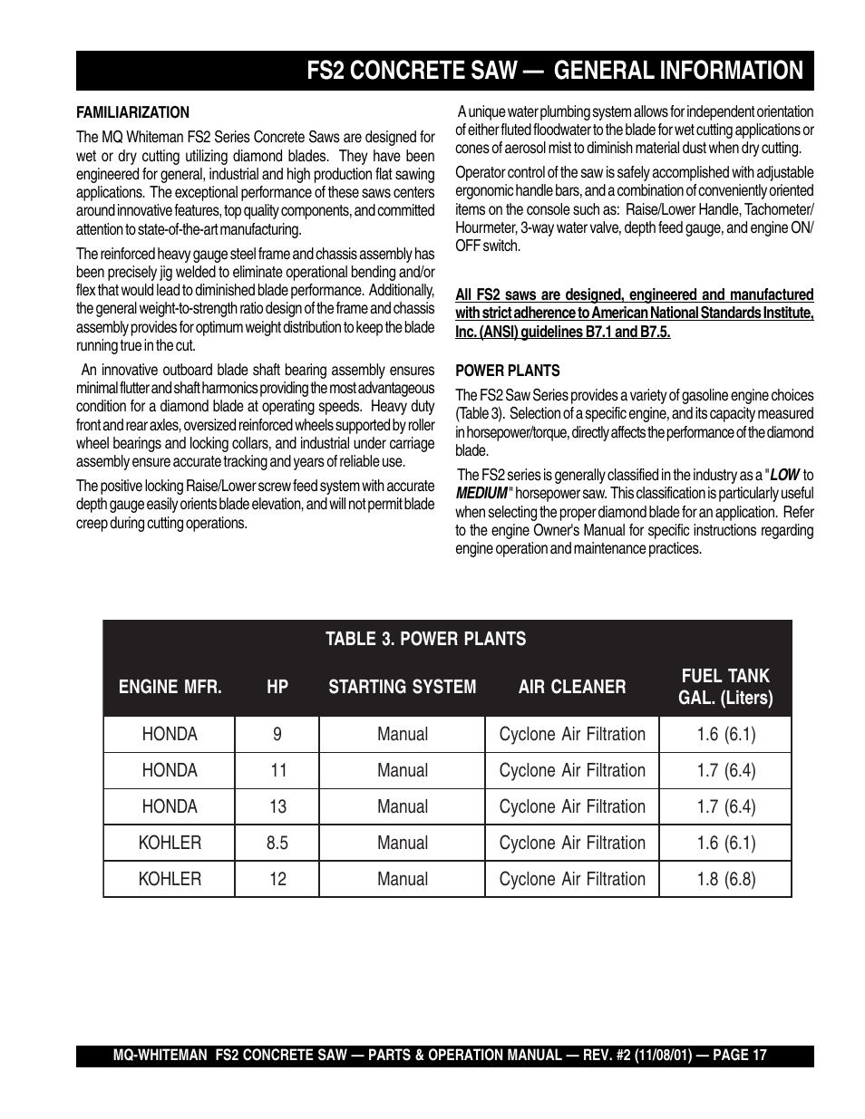 Fs2 concrete saw — general information | Multiquip CONCRETE SAW FS2 User Manual | Page 17 / 58