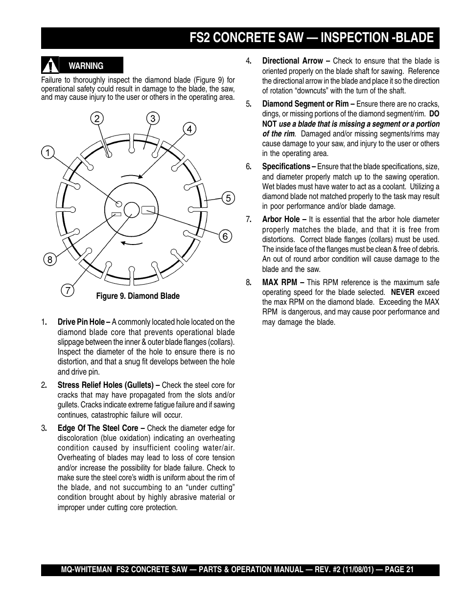 Fs2 concrete saw — inspection -blade | Multiquip CONCRETE SAW FS2 User Manual | Page 21 / 58