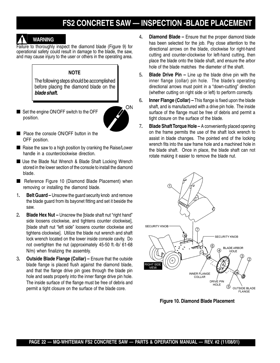 Fs2 concrete saw — inspection -blade placement | Multiquip CONCRETE SAW FS2 User Manual | Page 22 / 58