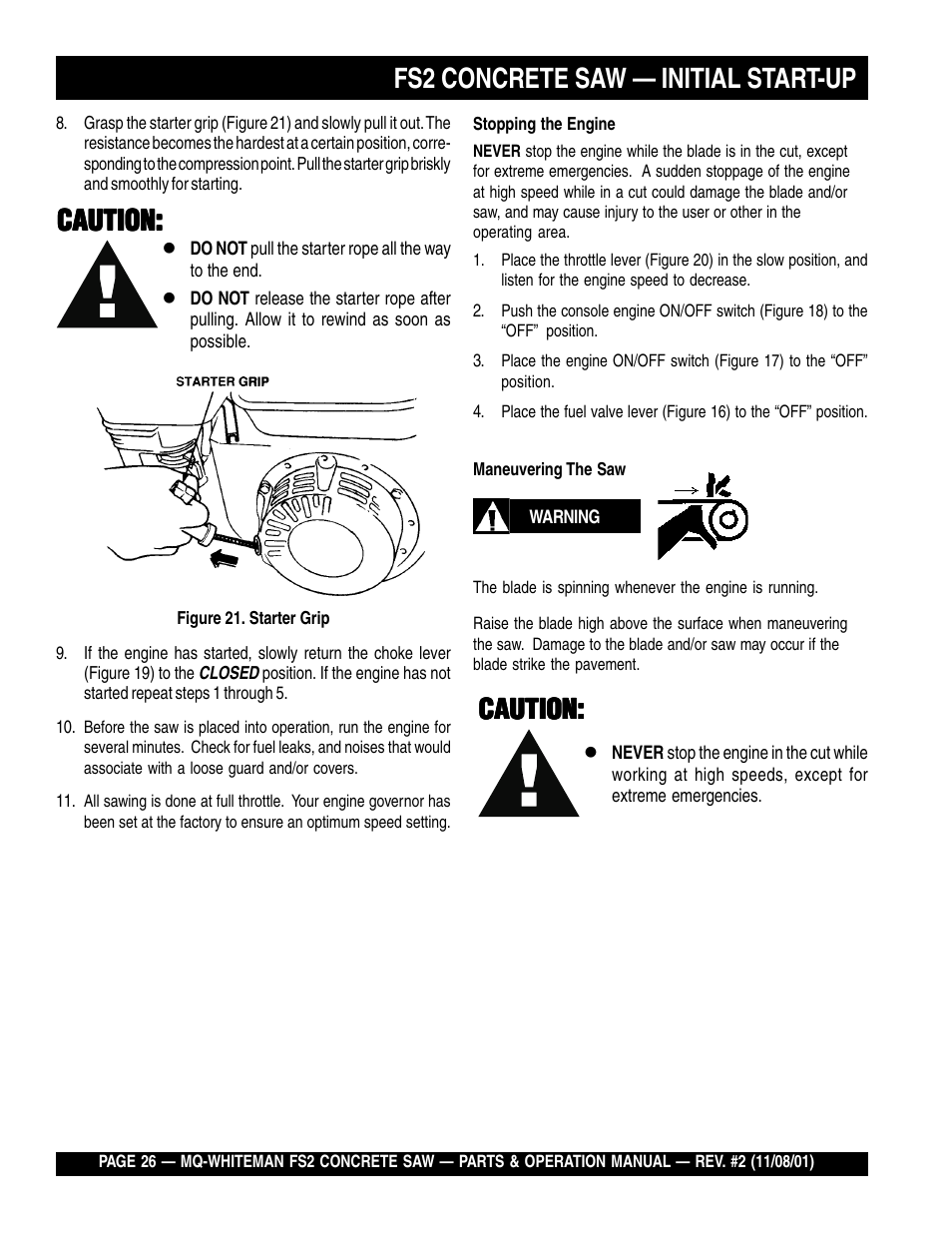 Fs2 concrete saw — initial start-up, Caution | Multiquip CONCRETE SAW FS2 User Manual | Page 26 / 58