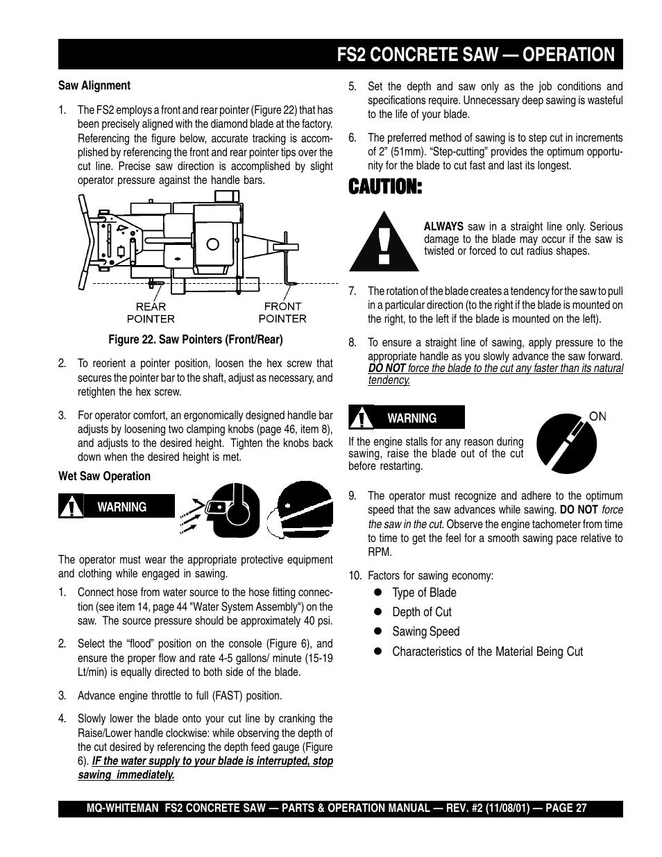 Fs2 concrete saw — operation, Caution | Multiquip CONCRETE SAW FS2 User Manual | Page 27 / 58