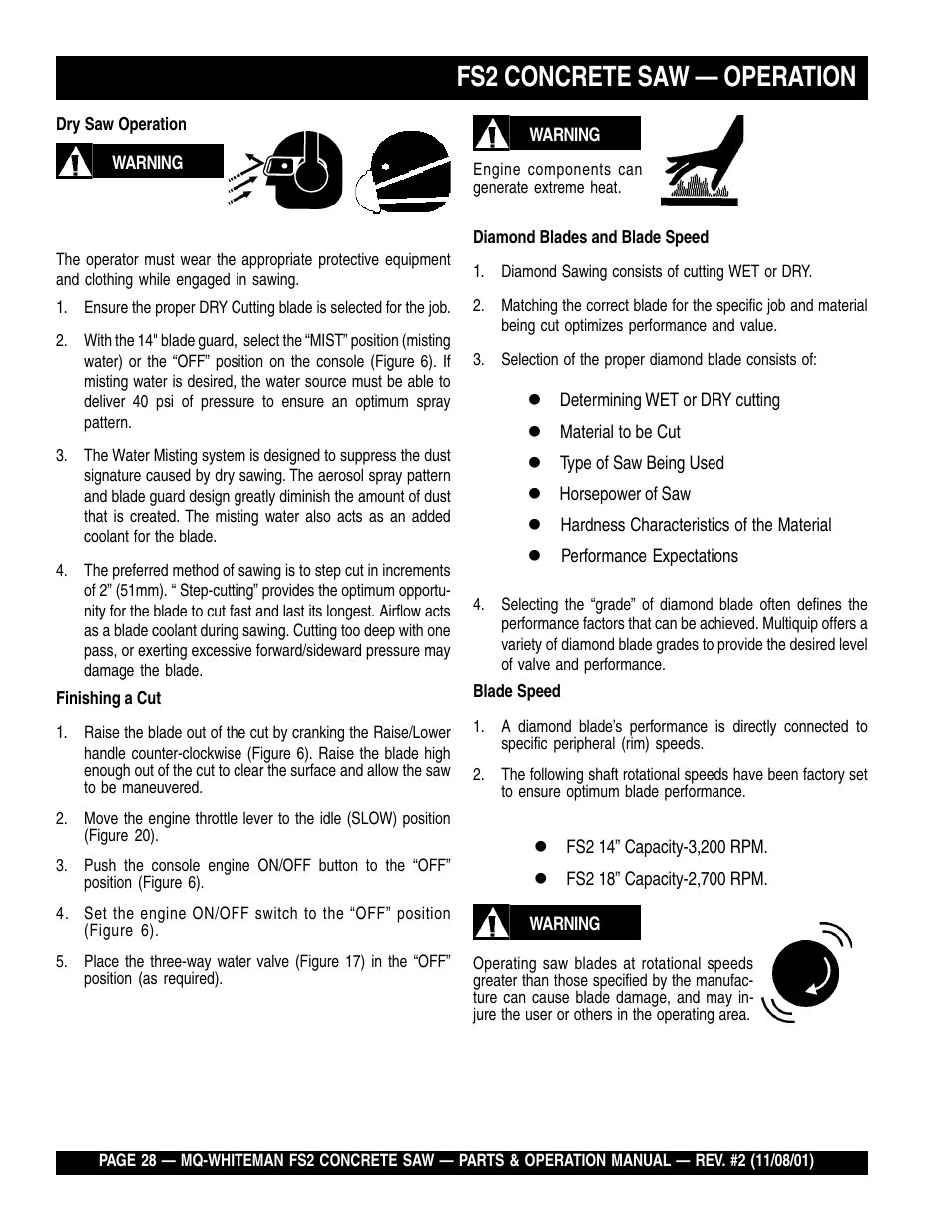 Fs2 concrete saw — operation | Multiquip CONCRETE SAW FS2 User Manual | Page 28 / 58
