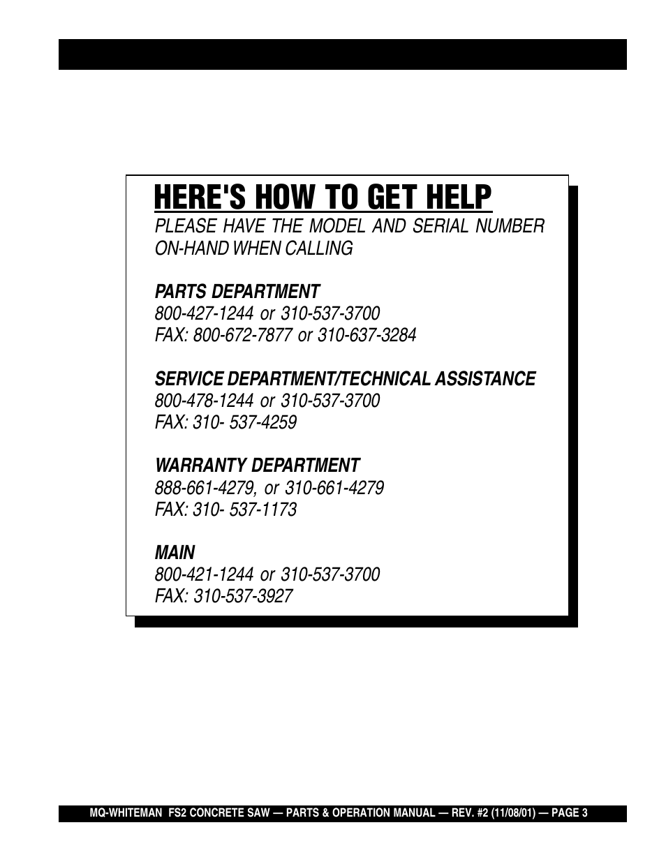 Here's how to get help | Multiquip CONCRETE SAW FS2 User Manual | Page 3 / 58