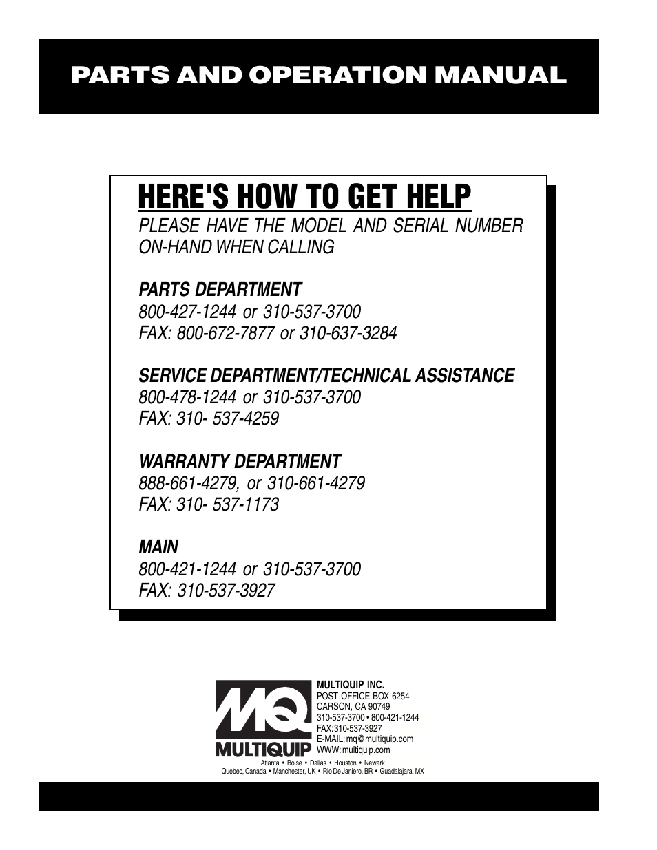 Here's how to get help, Parts and operation manual | Multiquip CONCRETE SAW FS2 User Manual | Page 58 / 58