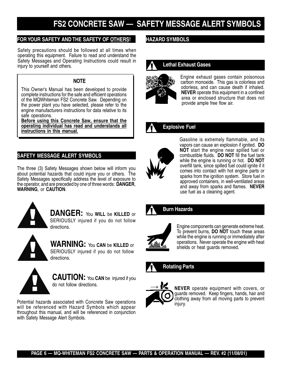 Fs2 concrete saw — safety message alert symbols, Danger, Warning | Caution | Multiquip CONCRETE SAW FS2 User Manual | Page 6 / 58