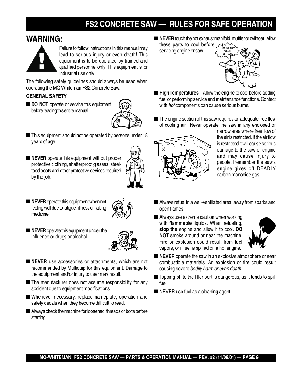 Warning, Fs2 concrete saw — rules for safe operation | Multiquip CONCRETE SAW FS2 User Manual | Page 9 / 58
