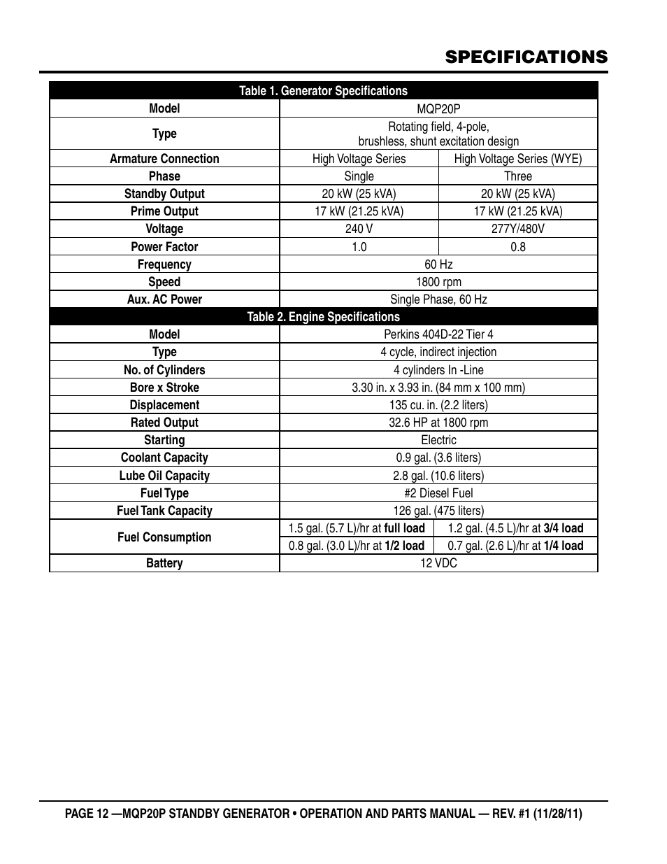 Specifications | Multiquip 20 KW Standby Generator MQP20P User Manual | Page 12 / 80